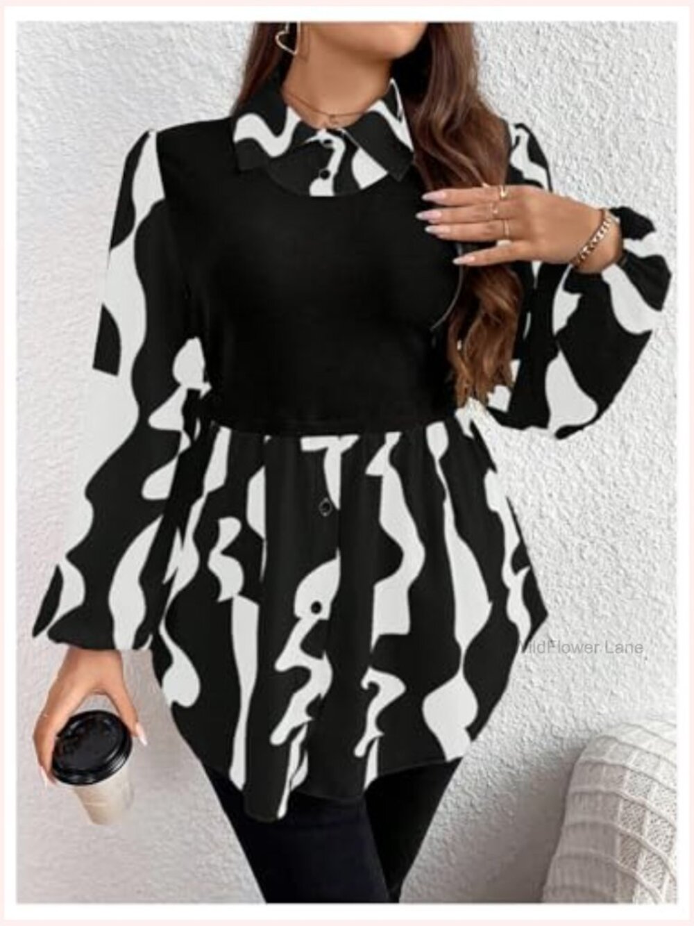 Plus Size Bishop Long Sleeve Button Down Blouse Asymmetrical Hem Floral - Picture 4 of 6